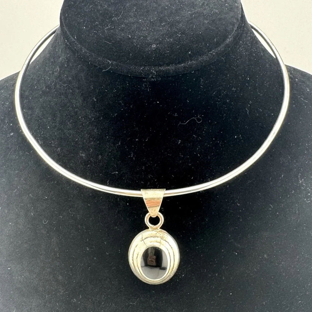 Sterling Silver and Onyx Sterling Pendant‎ and Collar Necklace